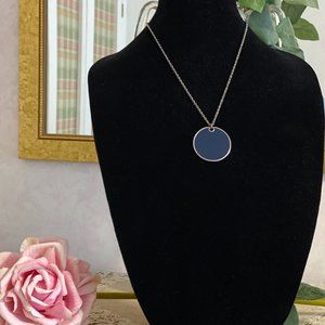 Vintage Enamel Circle Necklace Dark Blue colored 1.50" Round on Silver-tone Medi